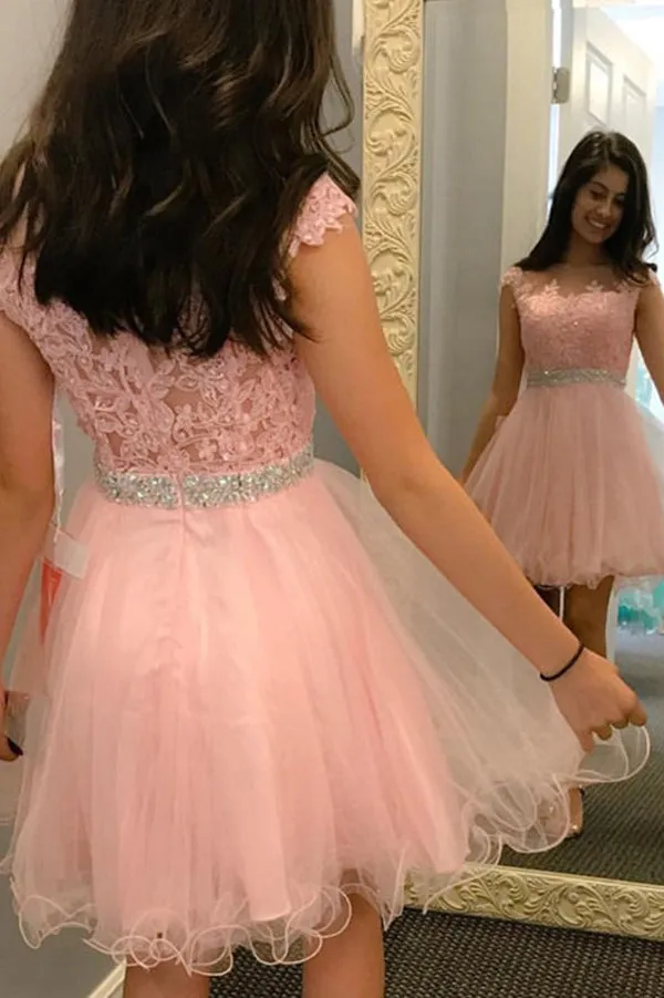 Pink Sheer Capped Sleeve Tulle Appliques Beading Short Homecoming Dresses