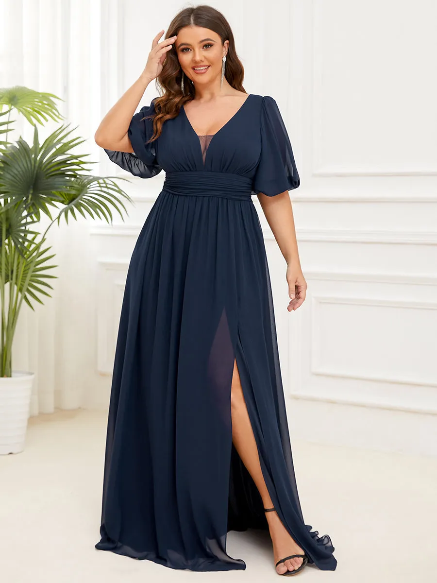 Plus Deep V Neck A Line Half Puff Sleeves Wholesale Bridesmaid Dresses