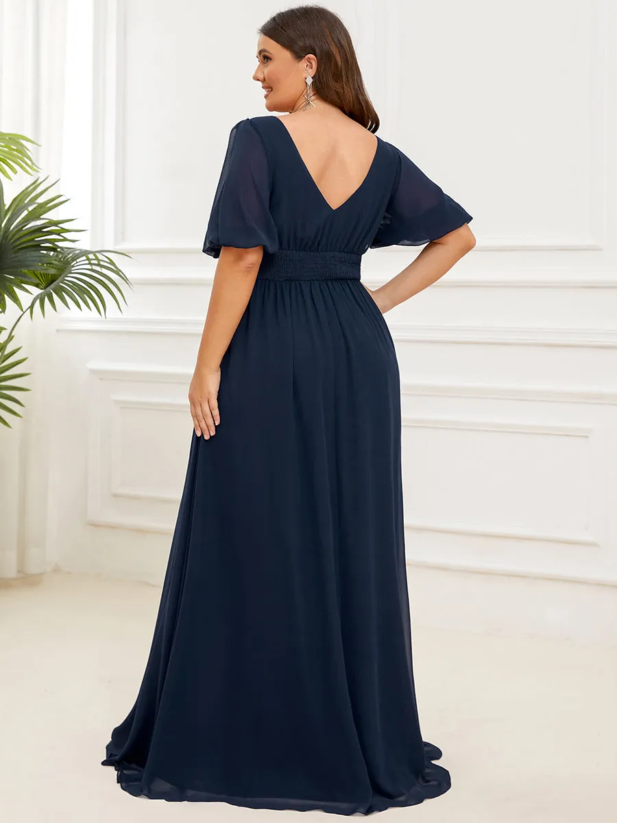 Plus Deep V Neck A Line Half Puff Sleeves Wholesale Bridesmaid Dresses