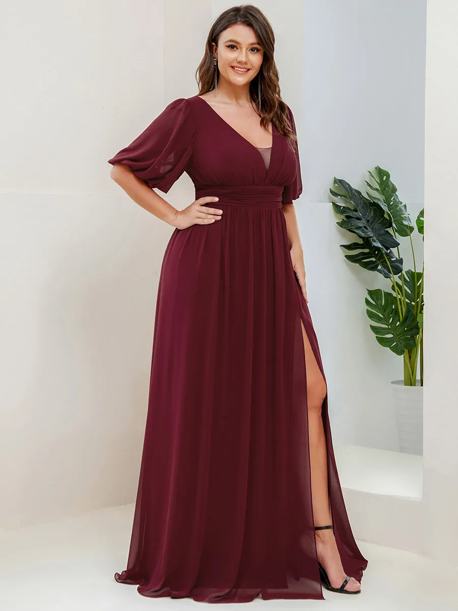 Plus Deep V Neck A Line Half Puff Sleeves Wholesale Bridesmaid Dresses