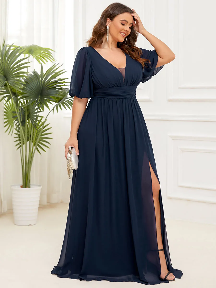 Plus Deep V Neck A Line Half Puff Sleeves Wholesale Bridesmaid Dresses