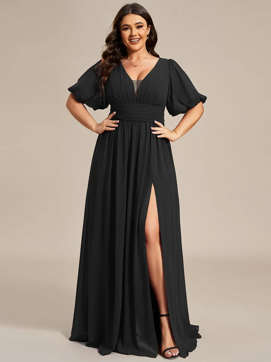 Plus Deep V Neck A Line Half Puff Sleeves Wholesale Bridesmaid Dresses