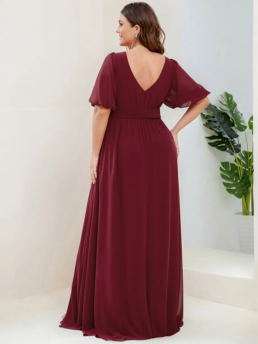 Plus Deep V Neck A Line Half Puff Sleeves Wholesale Bridesmaid Dresses