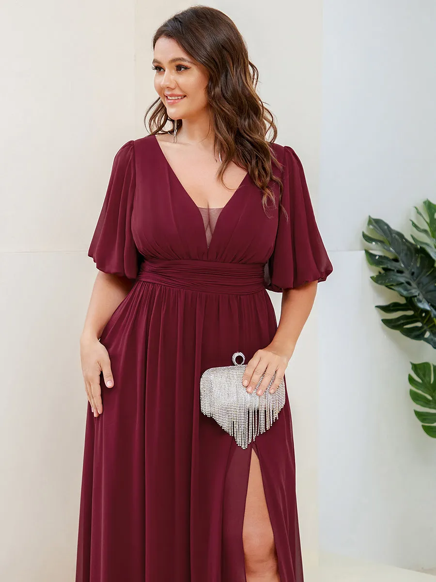 Plus Deep V Neck A Line Half Puff Sleeves Wholesale Bridesmaid Dresses