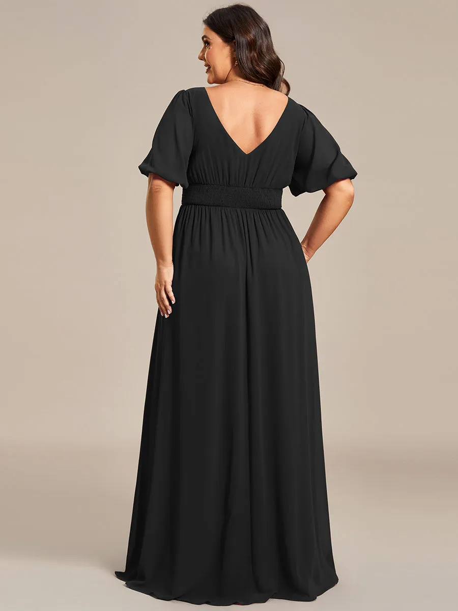 Plus Deep V Neck A Line Half Puff Sleeves Wholesale Bridesmaid Dresses