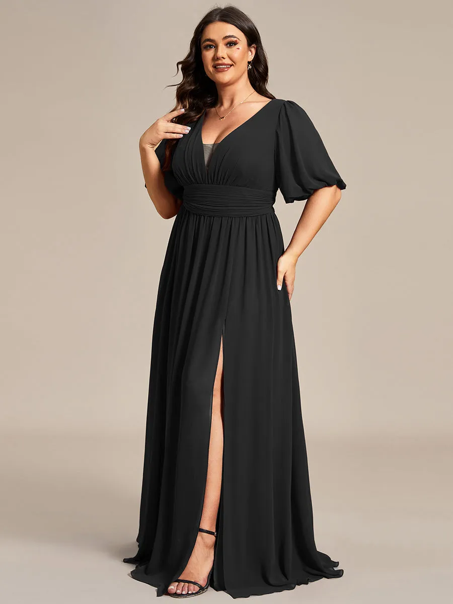 Plus Deep V Neck A Line Half Puff Sleeves Wholesale Bridesmaid Dresses