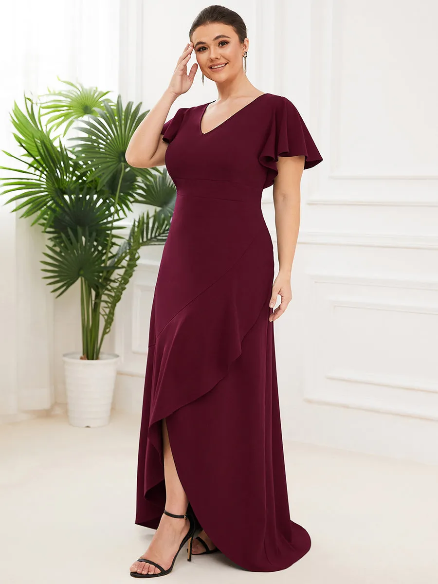 Plus Deep V Neck Short Ruffles Sleeves Split Wholesale Evening Dresses