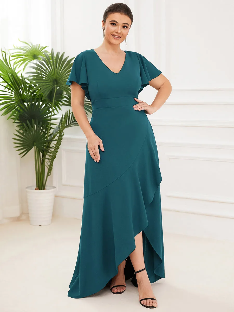 Plus Deep V Neck Short Ruffles Sleeves Split Wholesale Evening Dresses