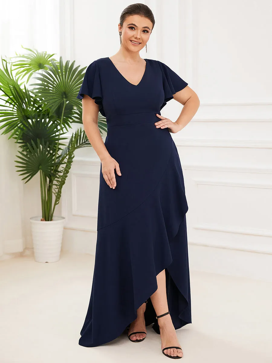 Plus Deep V Neck Short Ruffles Sleeves Split Wholesale Evening Dresses