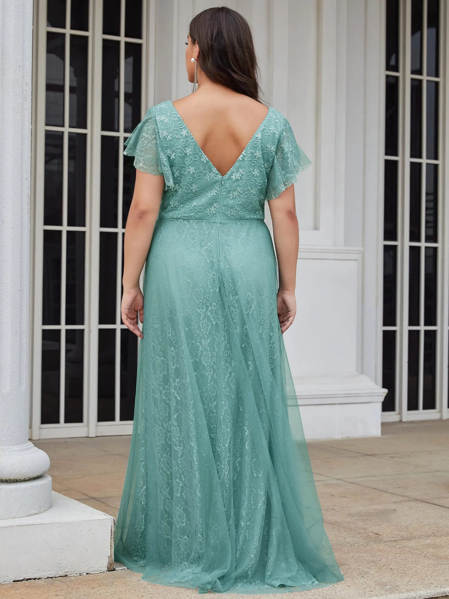 Plus Size Double V Neck Lace Evening Dresses with Ruffle Sleeves