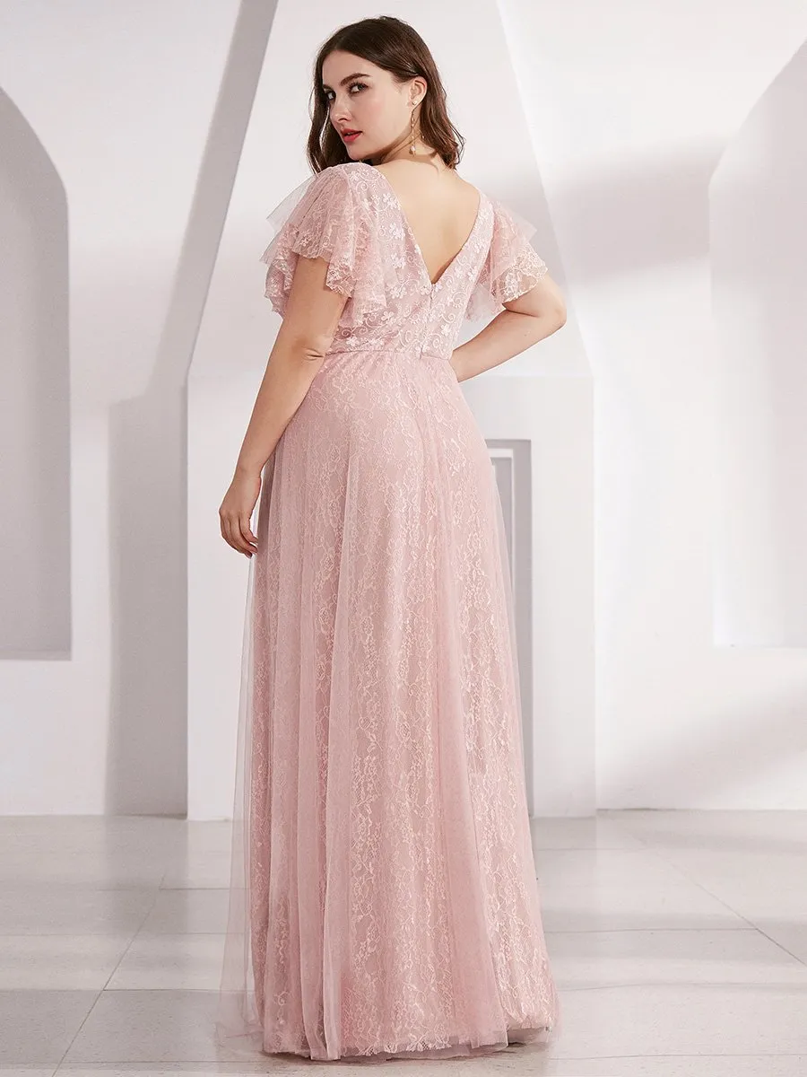 Plus Size Double V Neck Lace Evening Dresses with Ruffle Sleeves