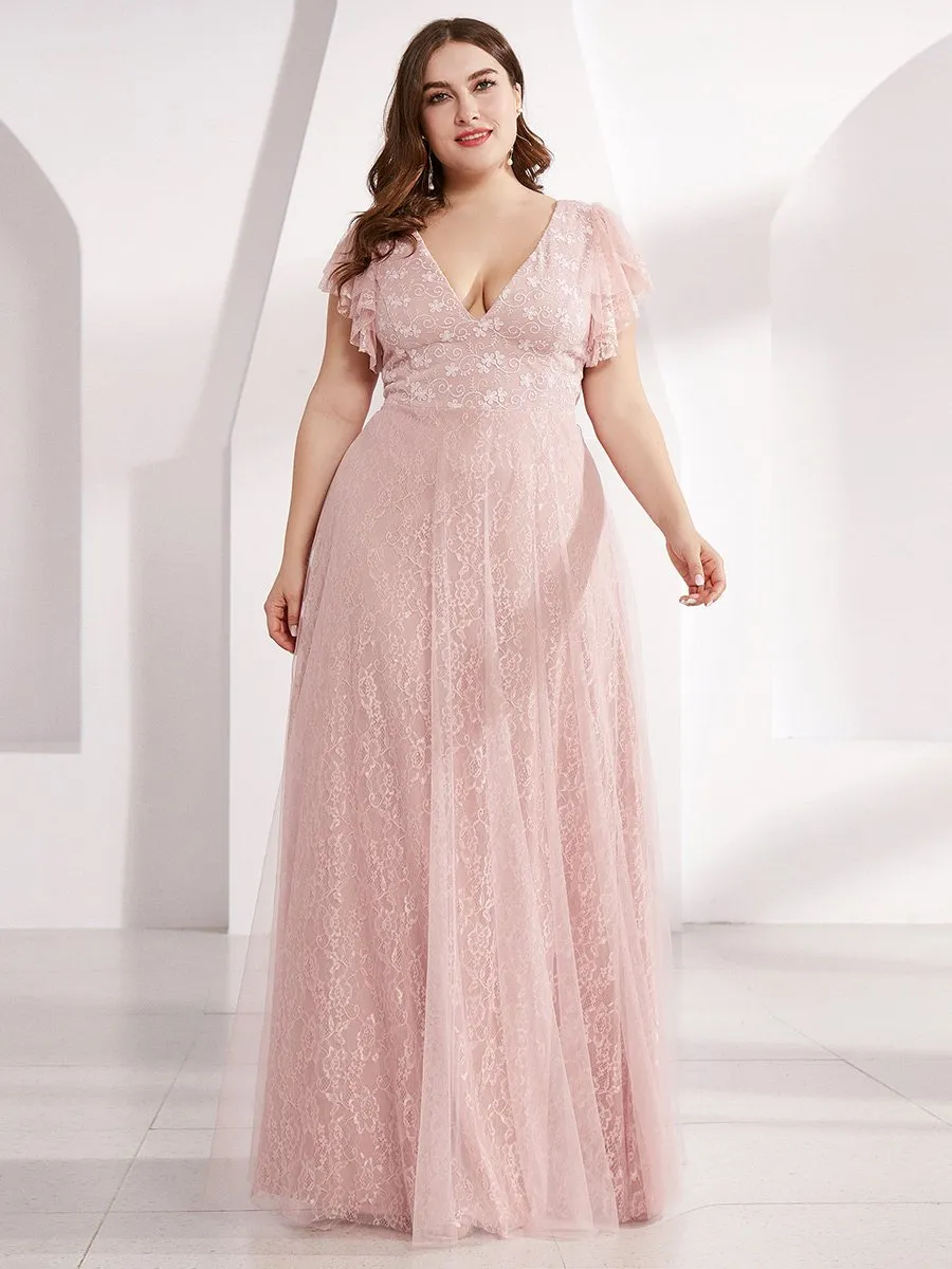 Plus Size Double V Neck Lace Evening Dresses with Ruffle Sleeves