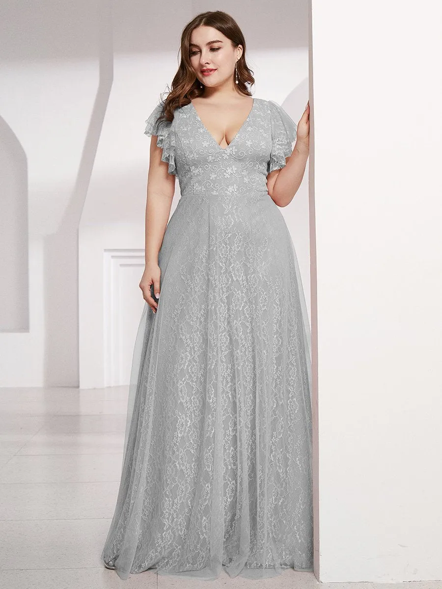 Plus Size Double V Neck Lace Evening Dresses with Ruffle Sleeves