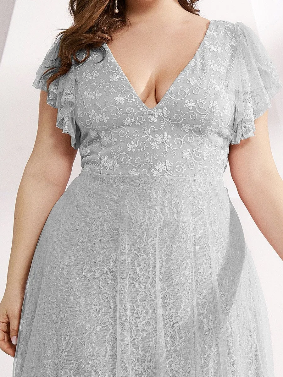 Plus Size Double V Neck Lace Evening Dresses with Ruffle Sleeves