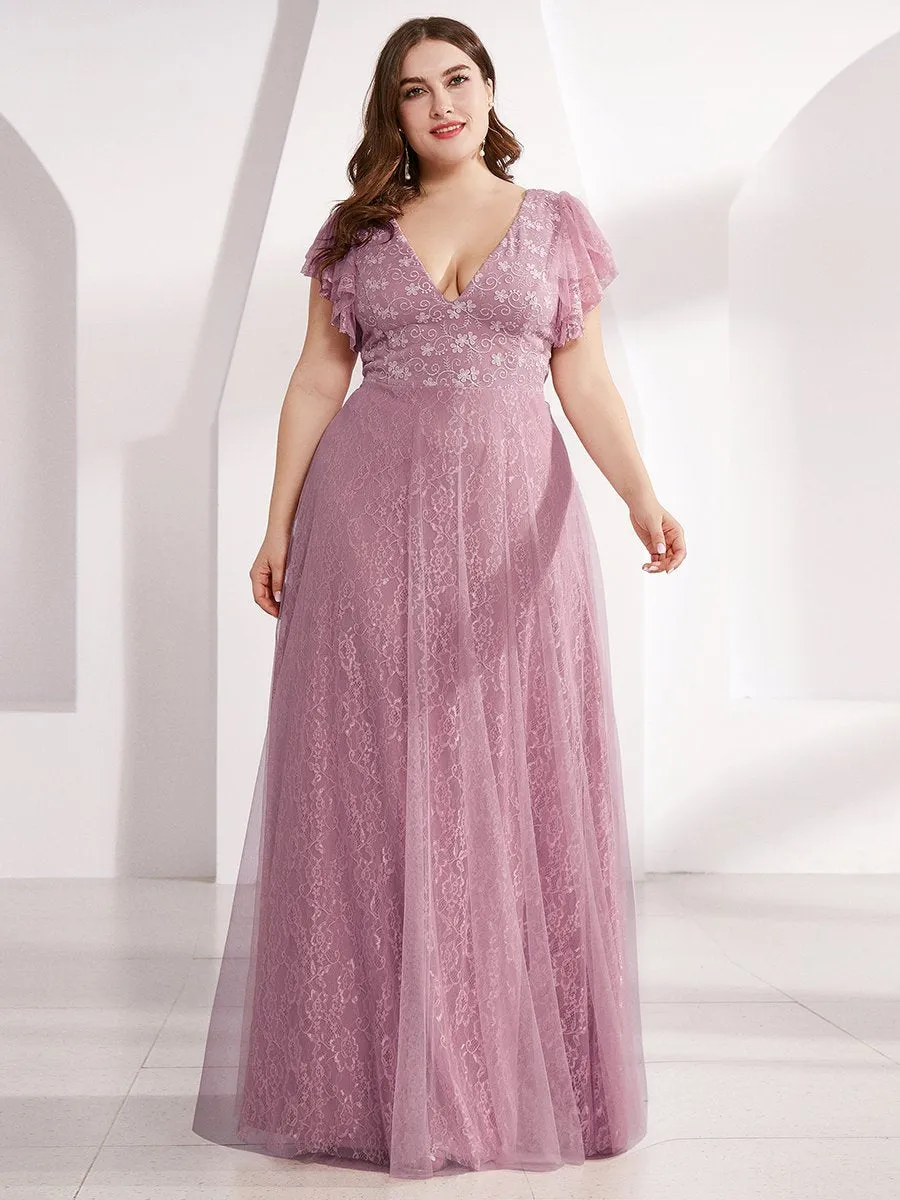 Plus Size Double V Neck Lace Evening Dresses with Ruffle Sleeves