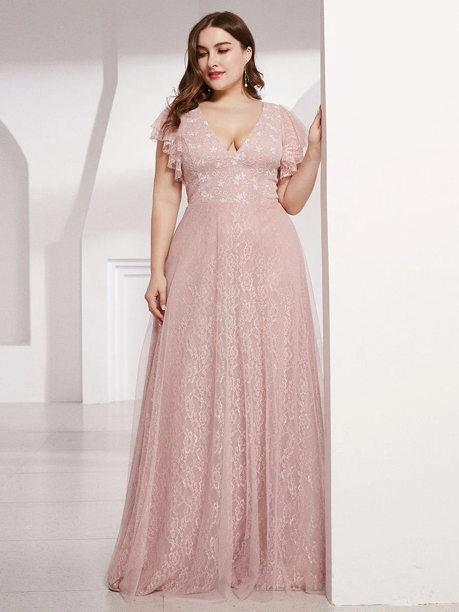 Plus Size Double V Neck Lace Evening Dresses with Ruffle Sleeves