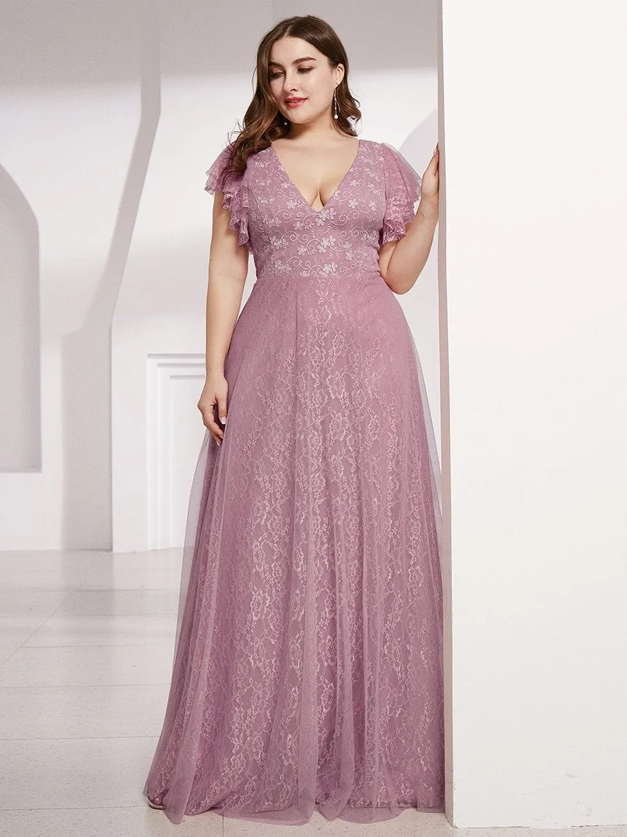 Plus Size Double V Neck Lace Evening Dresses with Ruffle Sleeves