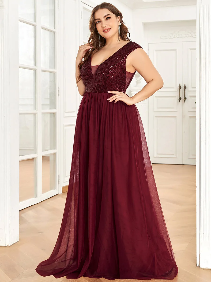 Plus Size Glamorous Sleeveless A Line Wholesale Evening Dresses with Deep V Neck