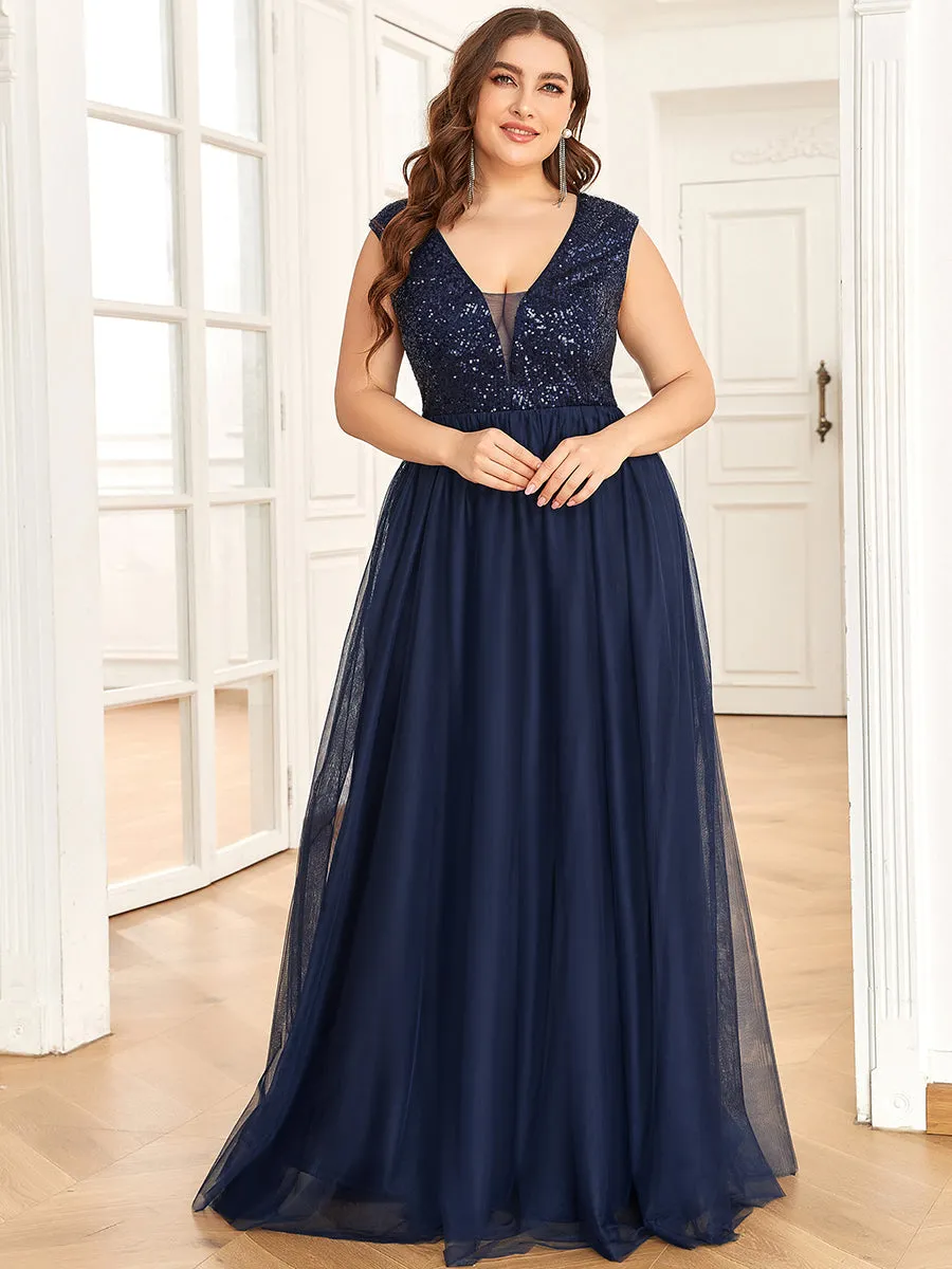 Plus Size Glamorous Sleeveless A Line Wholesale Evening Dresses with Deep V Neck