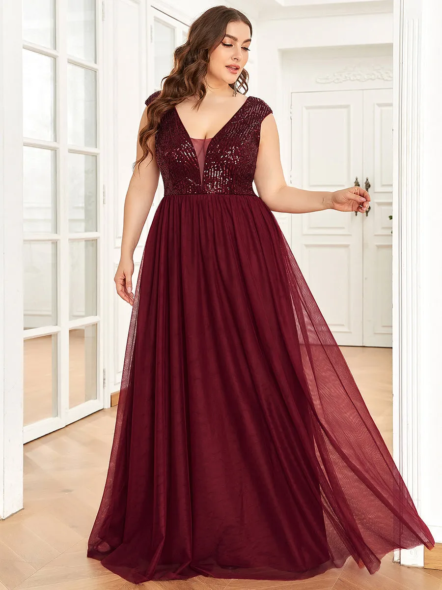 Plus Size Glamorous Sleeveless A Line Wholesale Evening Dresses with Deep V Neck