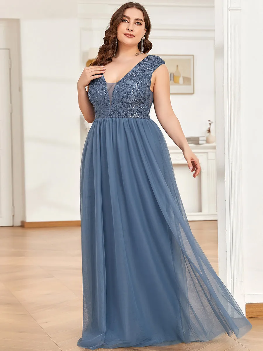 Plus Size Glamorous Sleeveless A Line Wholesale Evening Dresses with Deep V Neck