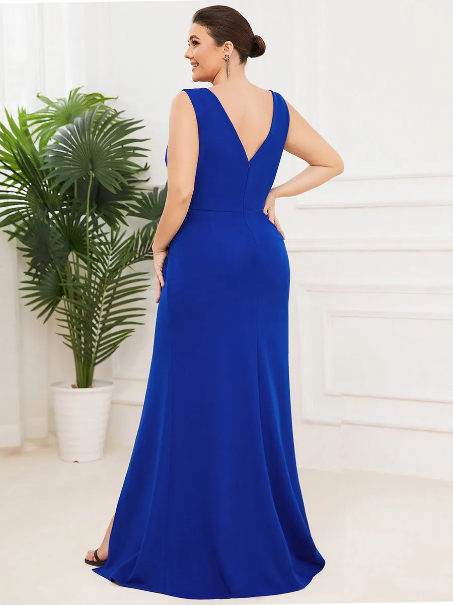 Plus Sleeveless Pencil Split Wholesale Evening Dresses with Deep V Neck