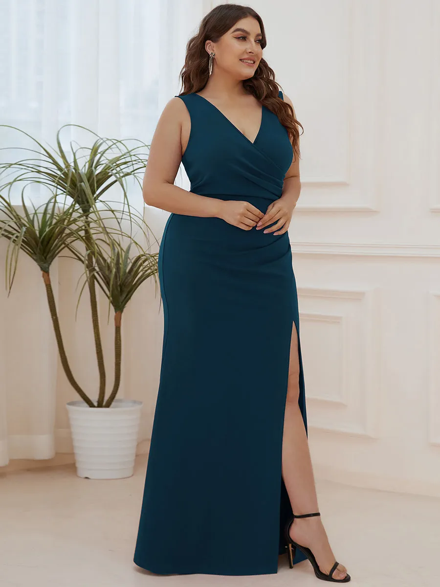 Plus Sleeveless Pencil Split Wholesale Evening Dresses with Deep V Neck