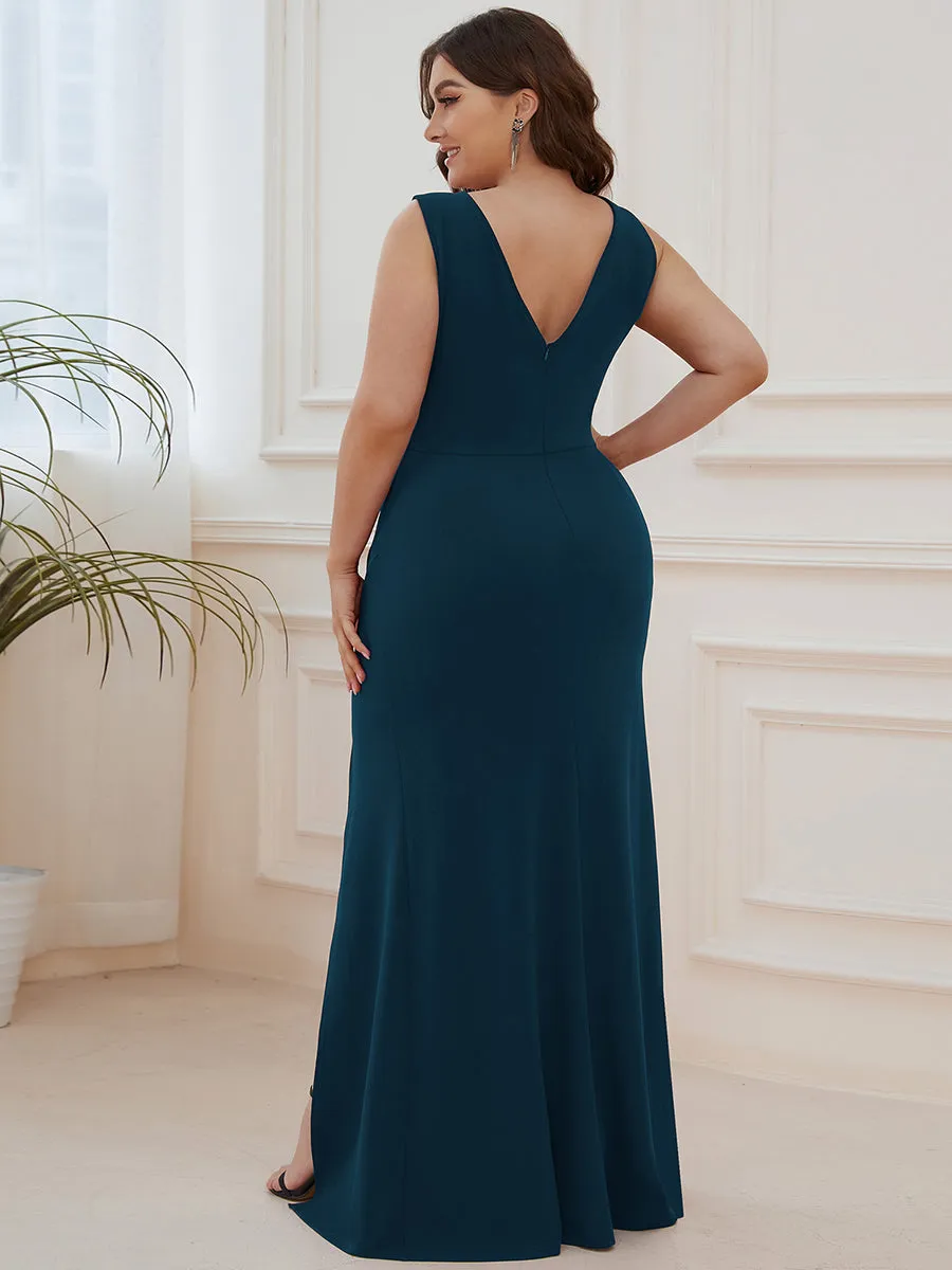 Plus Sleeveless Pencil Split Wholesale Evening Dresses with Deep V Neck