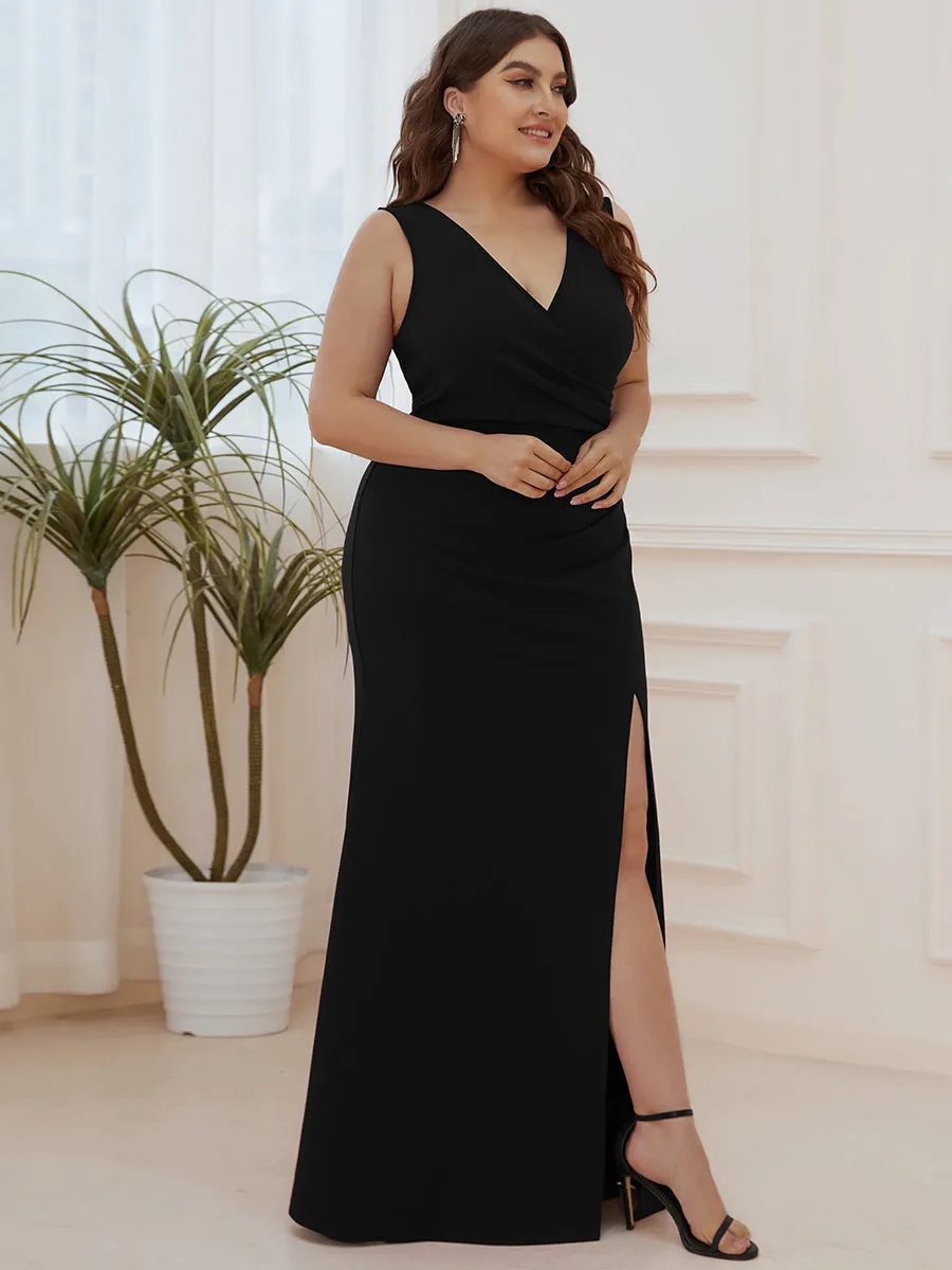 Plus Sleeveless Pencil Split Wholesale Evening Dresses with Deep V Neck