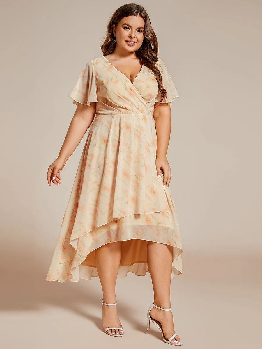 Plus V-Neck Midi Chiffon Wedding Guest Dresses with Ruffles Sleeve