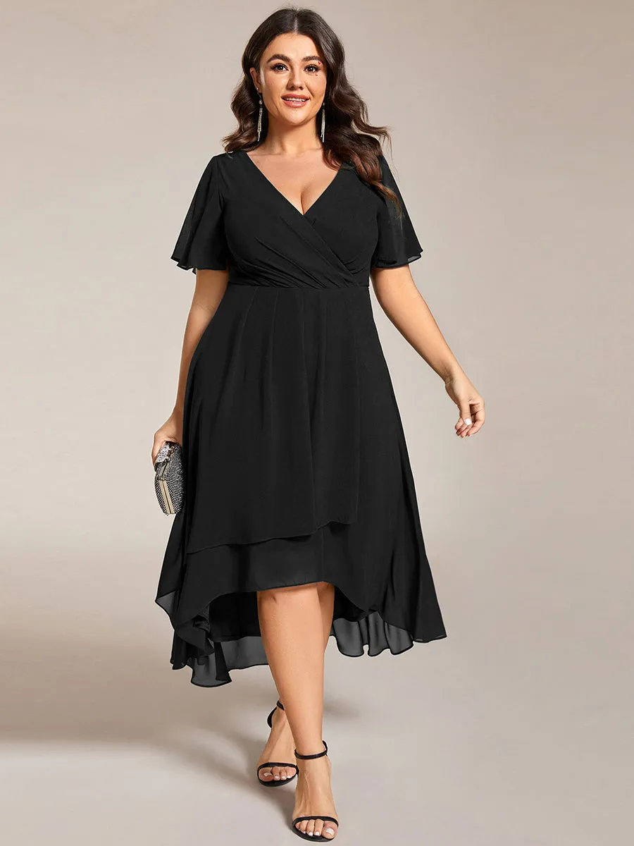 Plus V-Neck Midi Chiffon Wedding Guest Dresses with Ruffles Sleeve