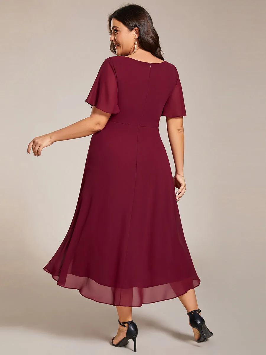 Plus V-Neck Midi Chiffon Wedding Guest Dresses with Ruffles Sleeve