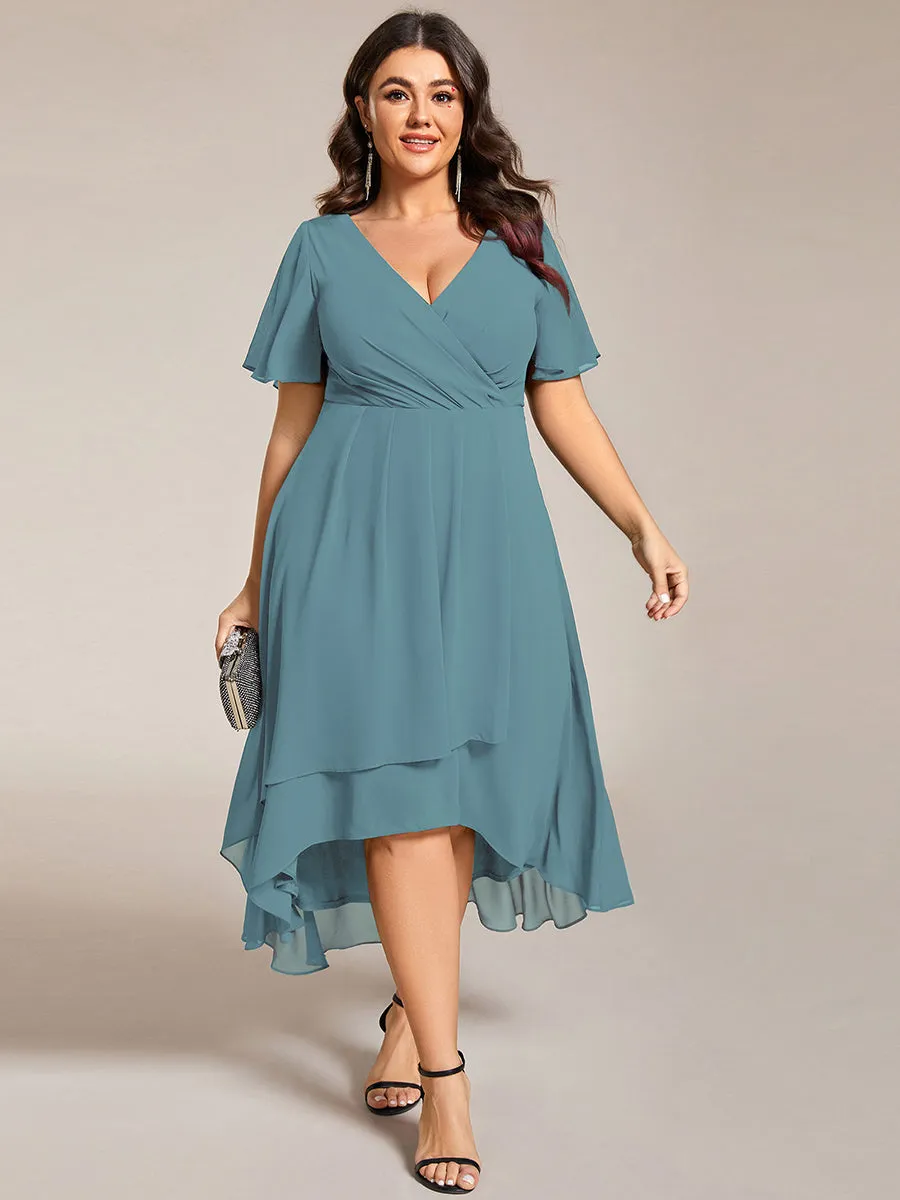 Plus V-Neck Midi Chiffon Wedding Guest Dresses with Ruffles Sleeve