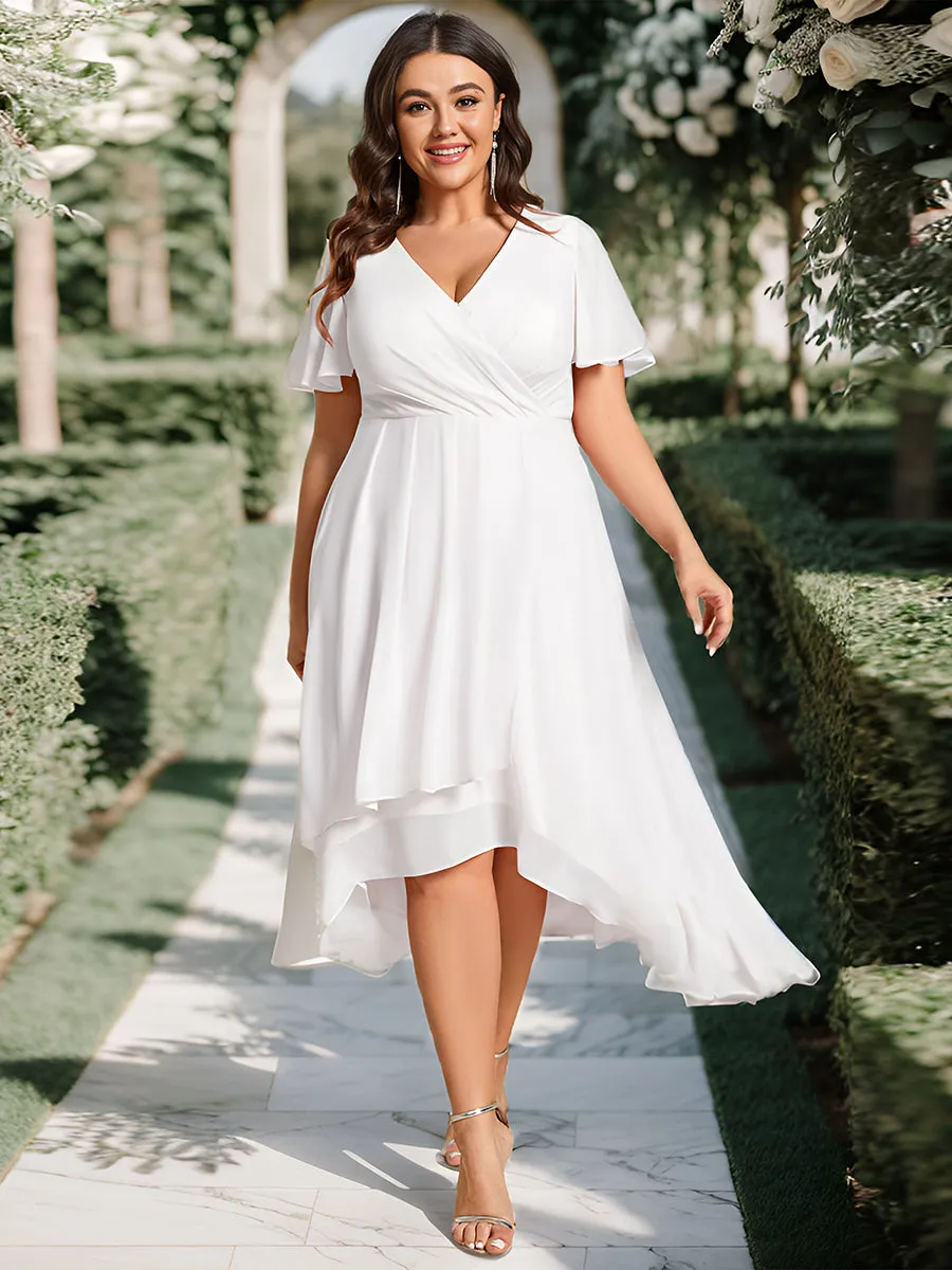 Plus V-Neck Midi Chiffon Wedding Guest Dresses with Ruffles Sleeve