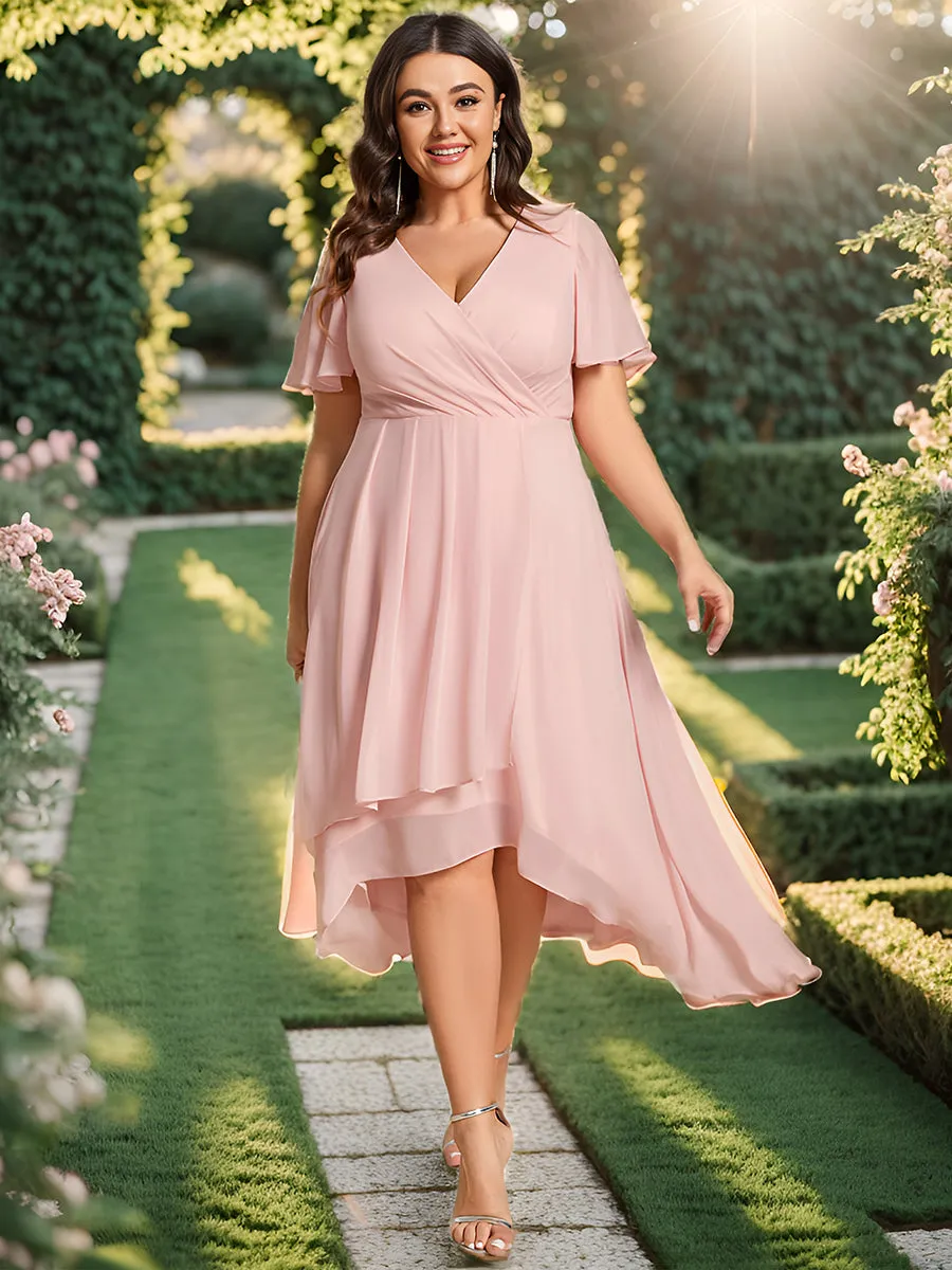 Plus V-Neck Midi Chiffon Wedding Guest Dresses with Ruffles Sleeve