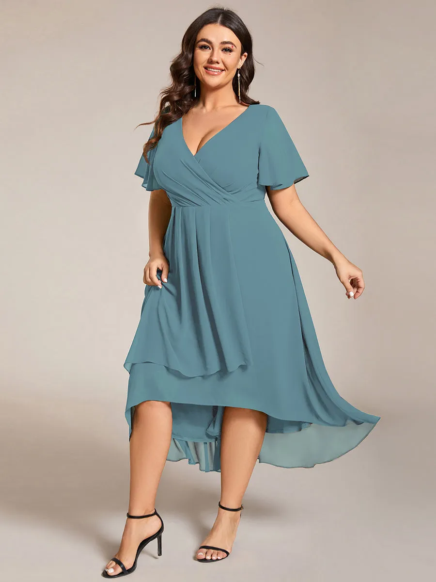 Plus V-Neck Midi Chiffon Wedding Guest Dresses with Ruffles Sleeve