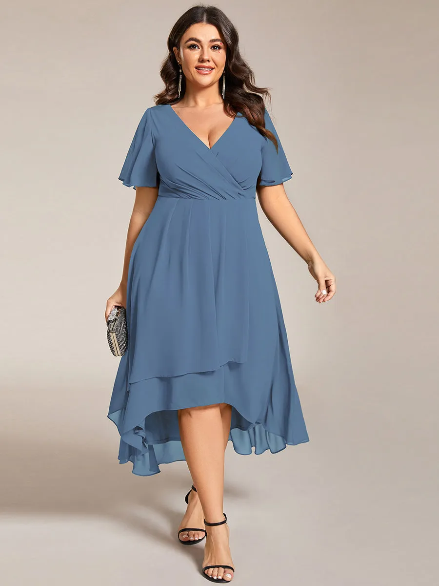 Plus V-Neck Midi Chiffon Wedding Guest Dresses with Ruffles Sleeve