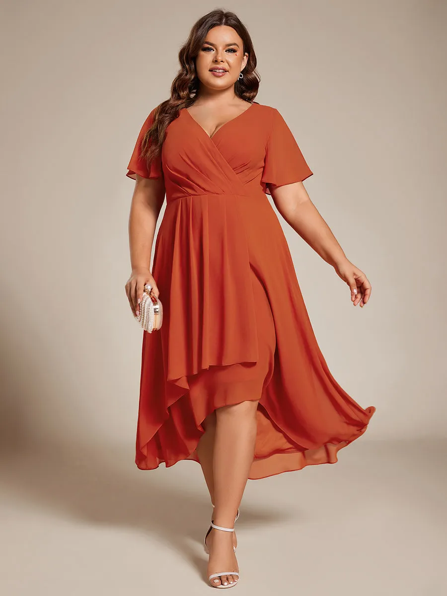 Plus V-Neck Midi Chiffon Wedding Guest Dresses with Ruffles Sleeve