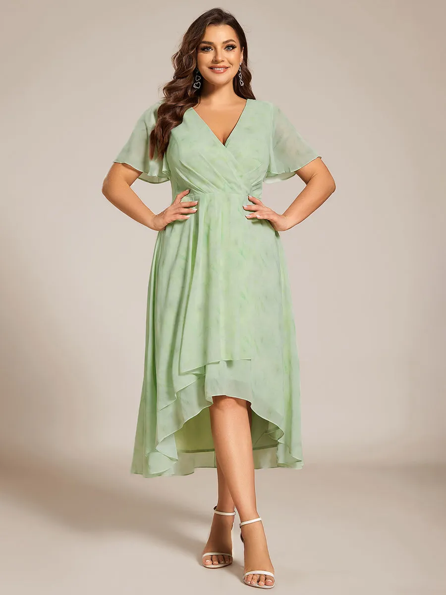 Plus V-Neck Midi Chiffon Wedding Guest Dresses with Ruffles Sleeve