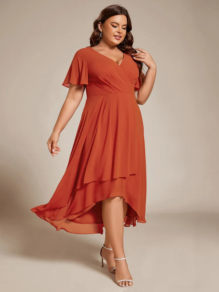 Plus V-Neck Midi Chiffon Wedding Guest Dresses with Ruffles Sleeve