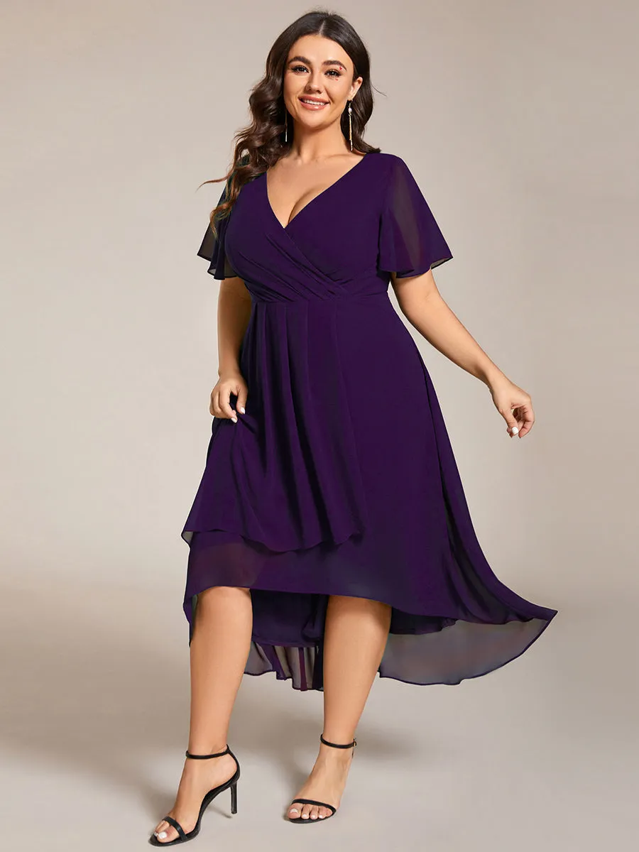 Plus V-Neck Midi Chiffon Wedding Guest Dresses with Ruffles Sleeve