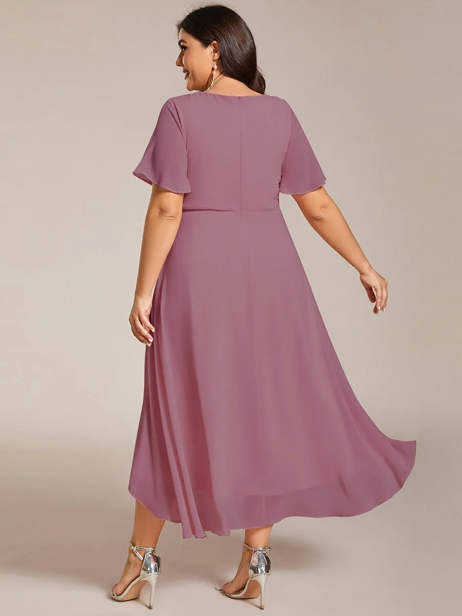 Plus V-Neck Midi Chiffon Wedding Guest Dresses with Ruffles Sleeve