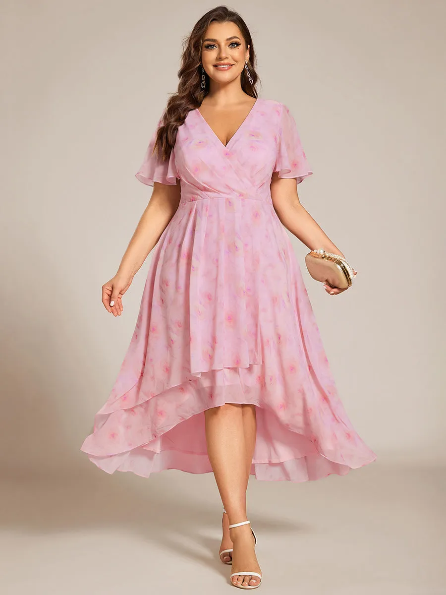 Plus V-Neck Midi Chiffon Wedding Guest Dresses with Ruffles Sleeve