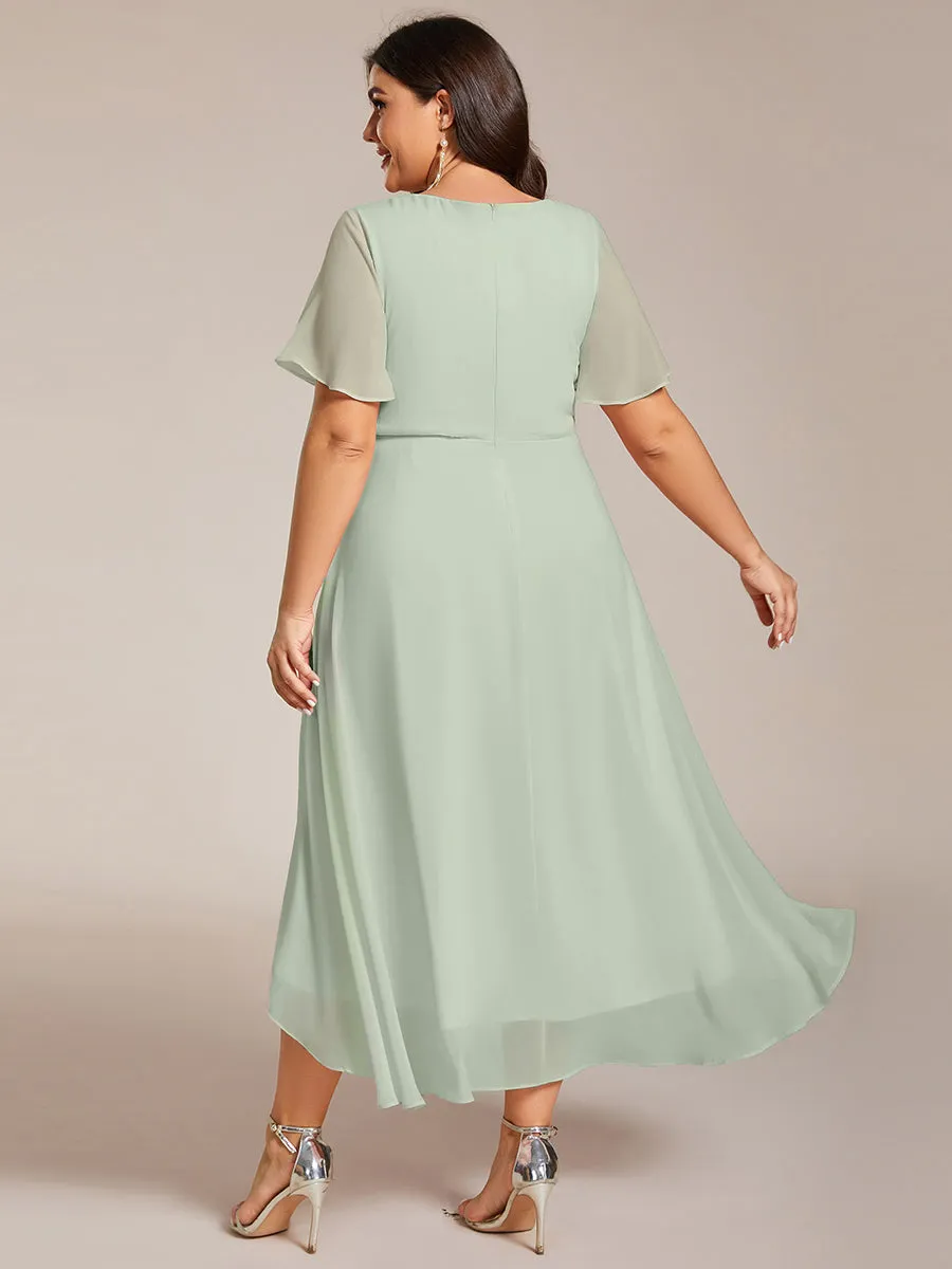 Plus V-Neck Midi Chiffon Wedding Guest Dresses with Ruffles Sleeve