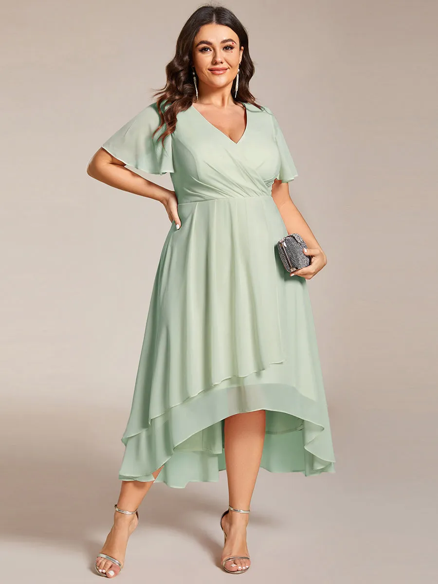 Plus V-Neck Midi Chiffon Wedding Guest Dresses with Ruffles Sleeve