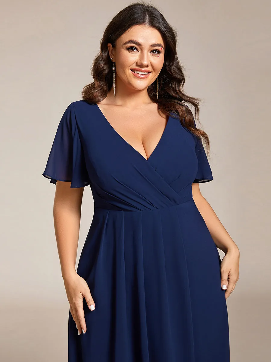 Plus V-Neck Midi Chiffon Wedding Guest Dresses with Ruffles Sleeve