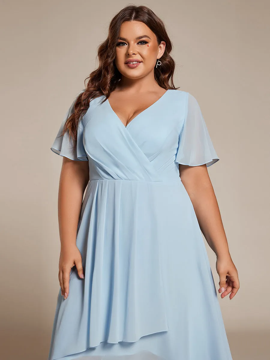 Plus V-Neck Midi Chiffon Wedding Guest Dresses with Ruffles Sleeve