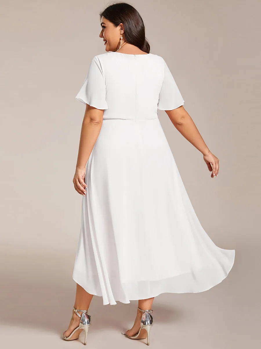 Plus V-Neck Midi Chiffon Wedding Guest Dresses with Ruffles Sleeve