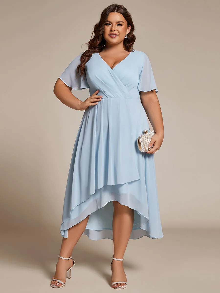 Plus V-Neck Midi Chiffon Wedding Guest Dresses with Ruffles Sleeve