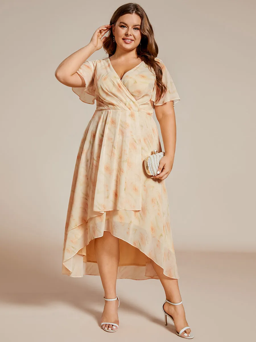 Plus V-Neck Midi Chiffon Wedding Guest Dresses with Ruffles Sleeve